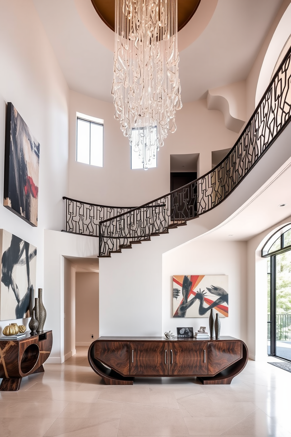 A grand two story foyer featuring sculptural elements that create a striking visual impact. The space is illuminated by a large chandelier, while a curved staircase with intricate railings invites guests to explore further. The walls are adorned with abstract art pieces that add depth and character to the area. A console table with a unique design sits against one wall, complemented by decorative objects that enhance the artistic flair.