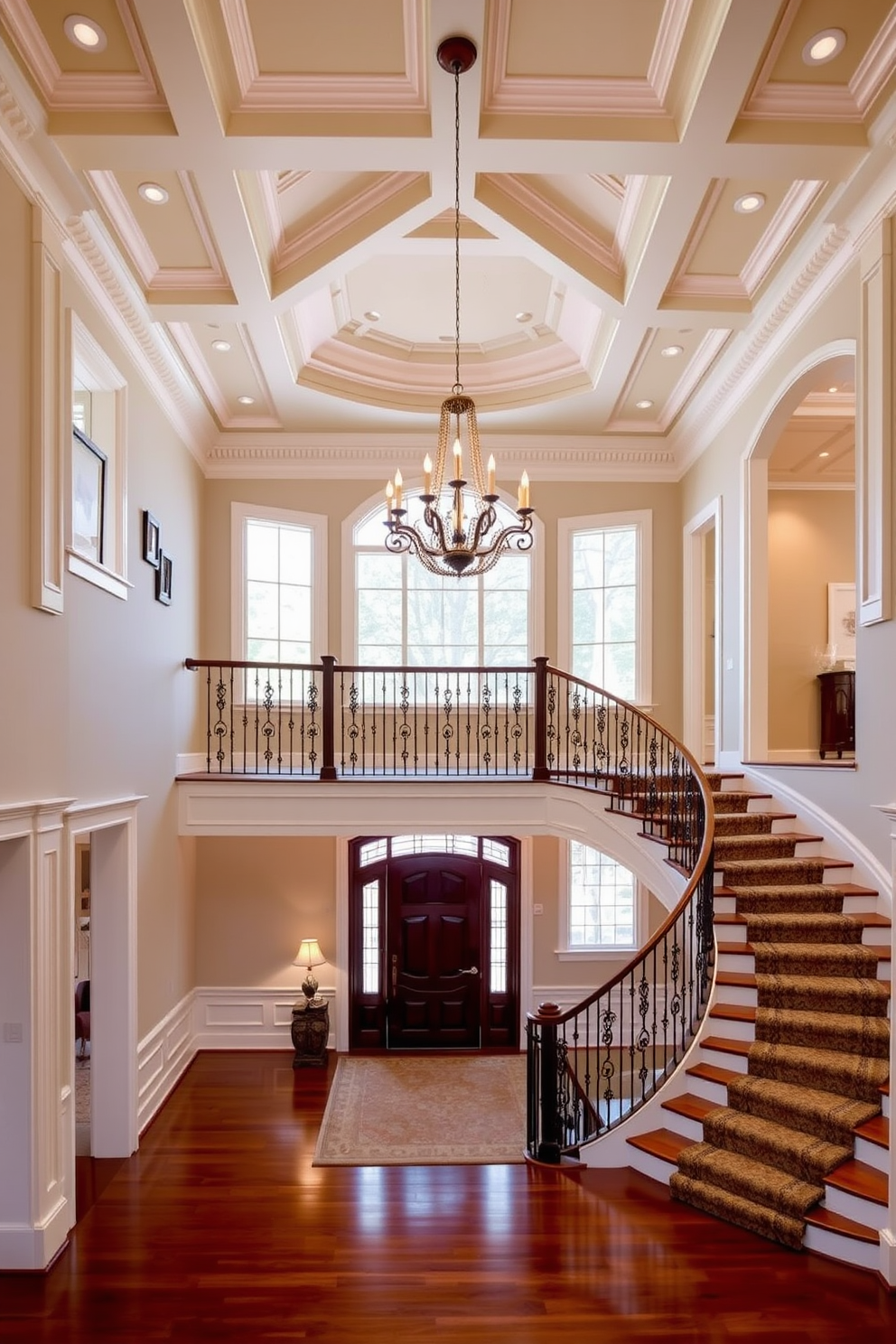 A grand two story foyer featuring textured wallpaper that adds depth and visual interest. The space is illuminated by a stunning chandelier that hangs from a high ceiling, creating an inviting atmosphere.