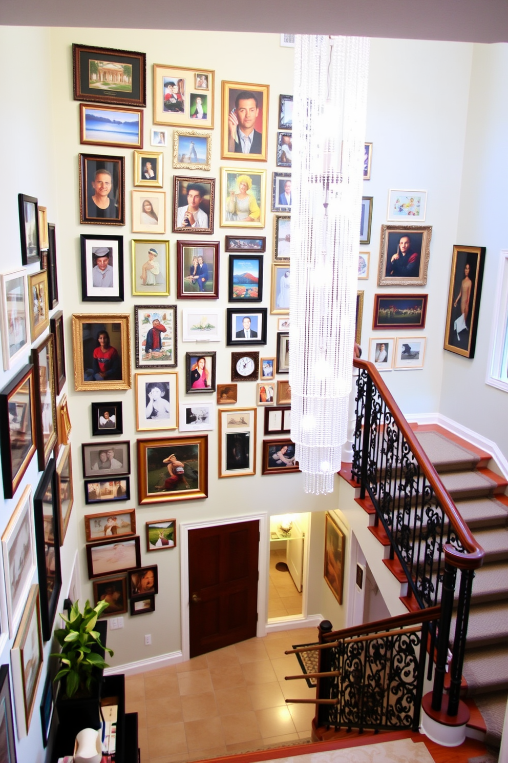 Gallery wall showcasing personal art. The wall is filled with an eclectic mix of framed paintings, photographs, and personal mementos arranged in a visually appealing layout. Two Story Foyer Design Ideas. The foyer features a grand staircase with ornate railings, illuminated by a stunning chandelier that cascades down to the entryway below.