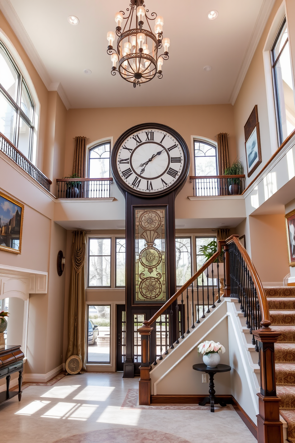 A stunning two story foyer features a grand statement clock that serves as a captivating conversation piece. The clock is elegantly designed with intricate details and stands prominently against a backdrop of soaring ceilings and a beautiful chandelier. The foyer is adorned with a sweeping staircase that showcases a polished wood railing and plush carpet runners. Natural light floods the space through large windows, highlighting the exquisite artwork and decor that line the walls.