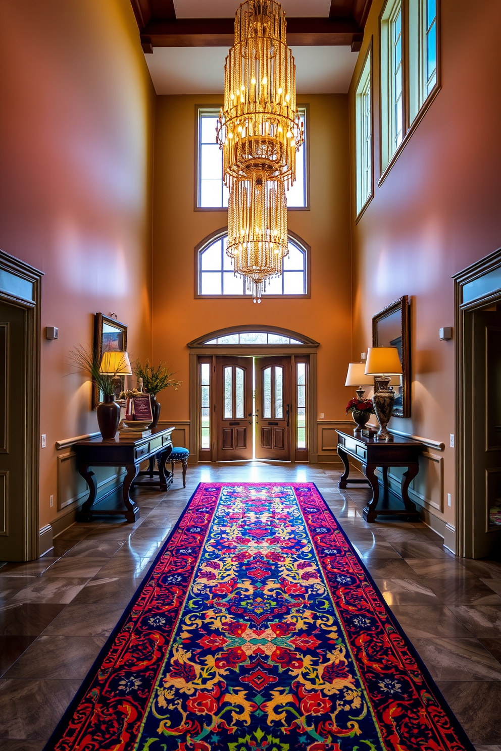 A vibrant runner rug with intricate patterns and bold colors stretches across the foyer, adding a lively touch to the entryway. The rug complements the surrounding decor, enhancing the overall visual appeal of the space. The two-story foyer features a grand chandelier that cascades down from the ceiling, illuminating the area with warm light. Tall windows on either side allow natural light to flood in, creating an inviting atmosphere.