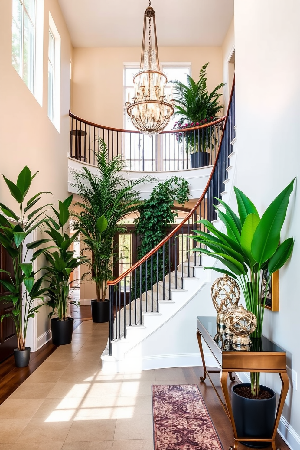 A gallery wall adorned with an eclectic mix of family photos in various sizes and styles. The wall is painted in a soft white hue, allowing the colorful frames to stand out beautifully. A grand two-story foyer featuring a stunning chandelier that cascades from the ceiling. The space is enhanced with a curved staircase and elegant marble flooring, creating an inviting atmosphere.