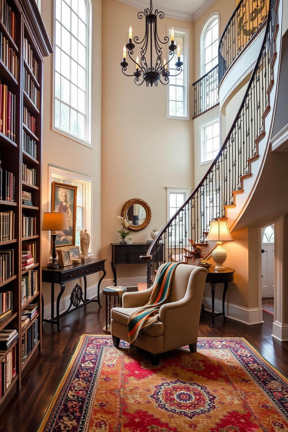 Cozy reading nook with armchair. A plush armchair is positioned in the corner, surrounded by tall bookshelves filled with books. Soft lighting from a nearby floor lamp creates a warm ambiance, and a small side table holds a steaming cup of tea. A colorful throw blanket drapes over the armchair, inviting relaxation and comfort. Two story foyer design ideas. The grand entrance features a sweeping staircase with elegant wrought iron railings that leads to the upper level. Large windows allow natural light to flood the space, highlighting a stunning chandelier that hangs from the high ceiling. A console table adorned with decorative accents sits against one wall, while a beautiful area rug anchors the foyer.