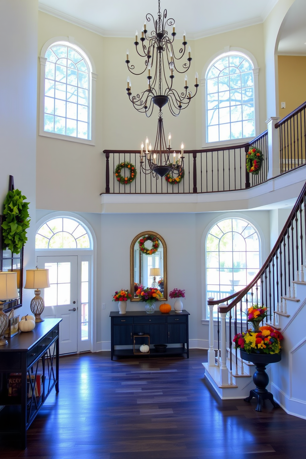 A bright and airy two story foyer with high ceilings and large windows allowing natural light to flood the space. The walls are adorned with seasonal decor that changes throughout the year, featuring wreaths of fresh greenery in spring and warm autumn leaves in fall. A grand staircase with elegant railings leads to the upper level, while a statement chandelier hangs from the ceiling, creating a focal point. The foyer is styled with a console table decorated with seasonal accents, such as pumpkins in the fall and vibrant flowers in the spring, providing a welcoming atmosphere.