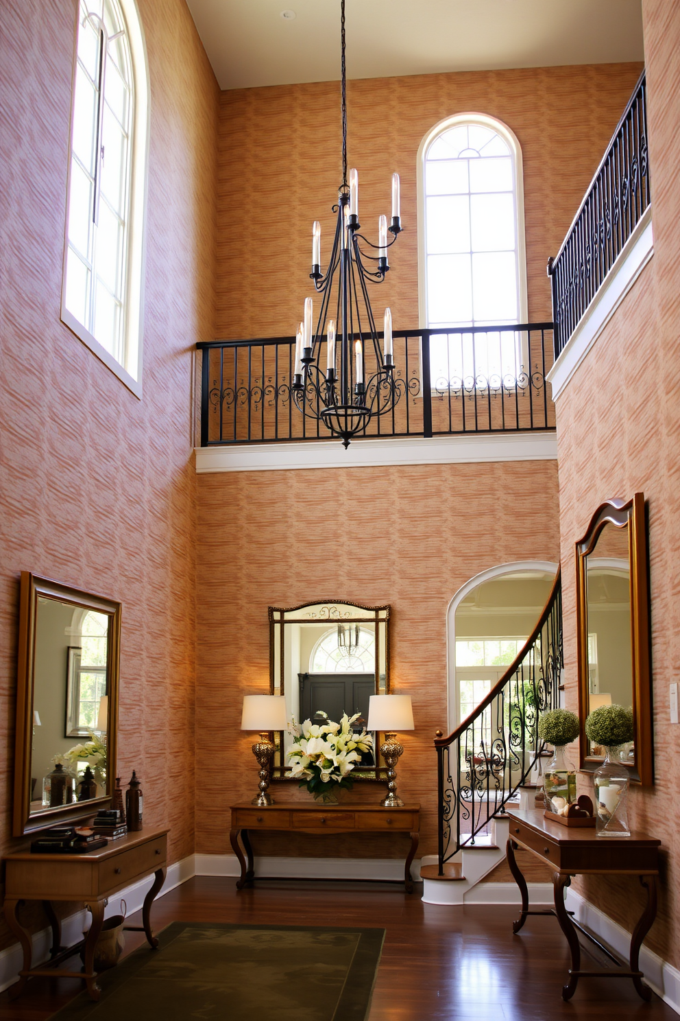 A grand two-story foyer features textured wallpaper that adds depth and interest to the space. Elegant light fixtures hang from the high ceiling, illuminating a stunning staircase with intricate wrought iron railings. The foyer is adorned with a large statement mirror that reflects the natural light coming through the tall windows. A beautifully arranged console table sits against the wall, showcasing decorative items and a fresh floral arrangement.