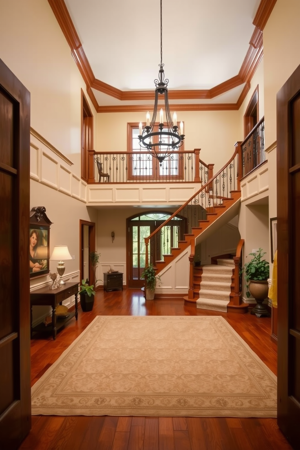 A two story foyer with natural wood finishes creates an inviting and warm atmosphere. The grand entrance features a sweeping staircase with intricately designed railings and a large chandelier that illuminates the space beautifully. The walls are adorned with elegant wainscoting in a soft cream color, complementing the rich tones of the wood. A large area rug with a subtle pattern anchors the foyer, while potted plants add a touch of greenery and life to the design.