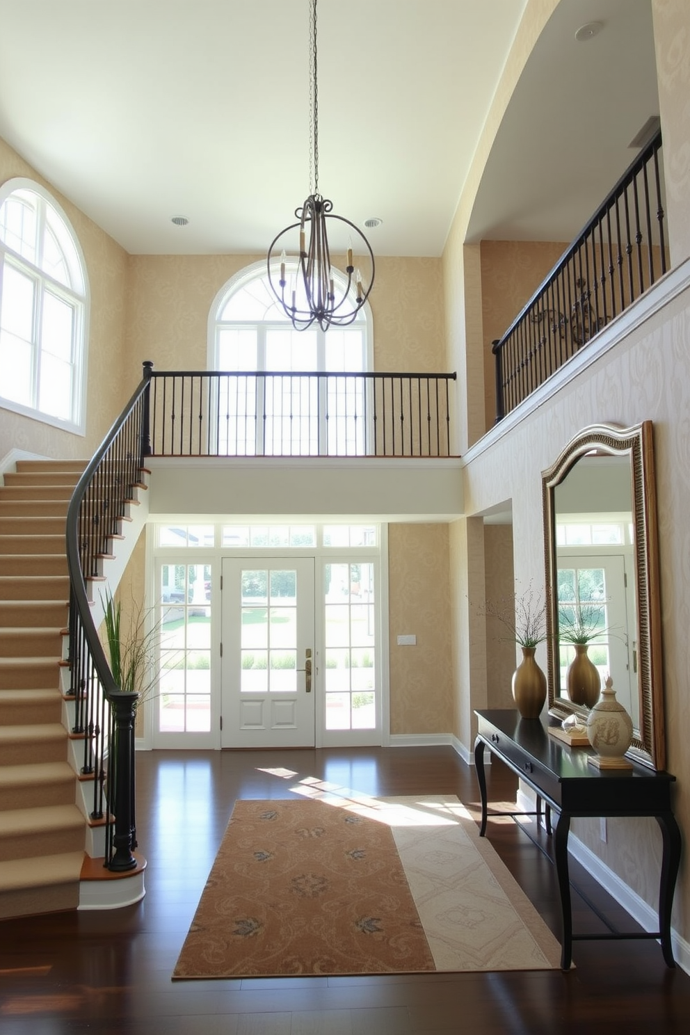 A stunning two story foyer that seamlessly blends traditional and modern design elements. The space features a grand staircase with wrought iron balusters, flanked by large windows that allow natural light to flood in. The walls are adorned with a soft beige wallpaper, complemented by an elegant chandelier hanging from the ceiling. A stylish console table sits against one wall, topped with decorative accents and a large mirror that enhances the sense of space.