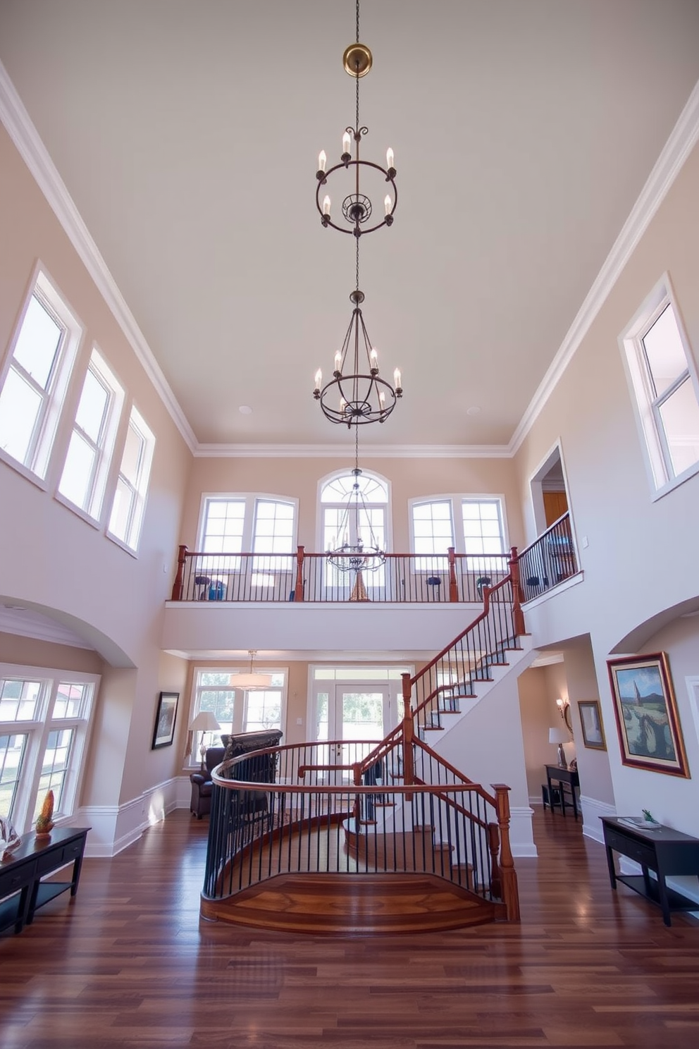 A grand two story foyer with a high ceiling painted in soft hues that create an airy and inviting atmosphere. Elegant chandeliers hang from the ceiling, casting a warm glow over the space. The foyer features a sweeping staircase with a polished wooden banister that adds a touch of sophistication. Large windows allow natural light to flood in, highlighting the beautiful flooring and artwork displayed along the walls.