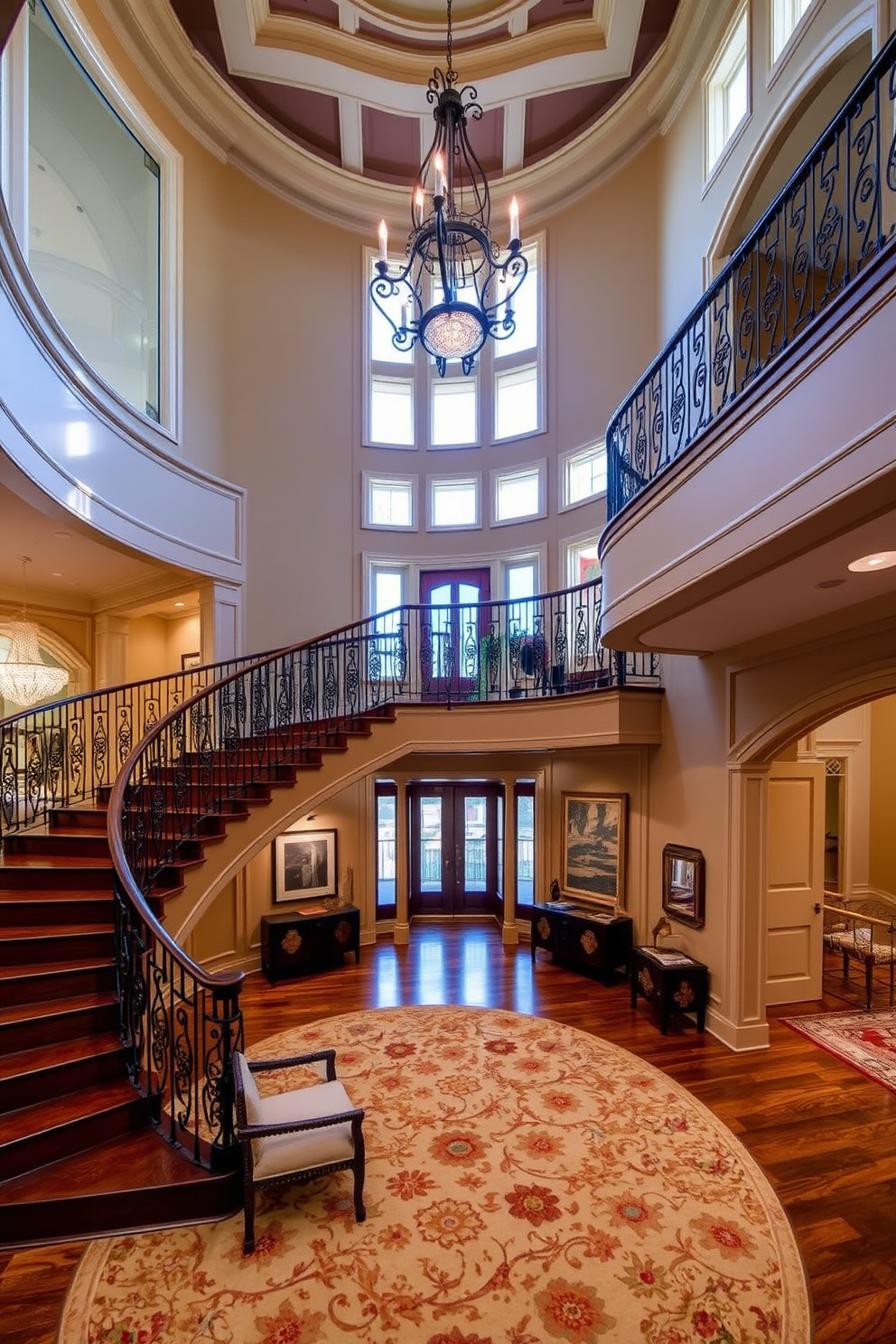 A grand two story foyer features a sweeping staircase with elegant wrought iron railings that curve gracefully to the upper level. High ceilings adorned with a stunning chandelier create a sense of openness and luxury. The walls are accented with intricate molding and a rich color palette that adds depth and sophistication. A large area rug anchors the space, while strategically placed artwork and decorative elements enhance the visual interest.