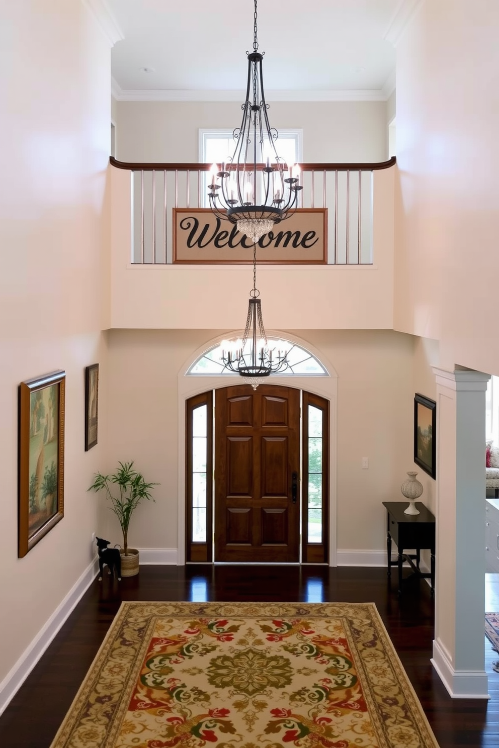 A charming two story foyer features a personalized welcome sign elegantly displayed on the wall. The space is adorned with a grand chandelier that cascades light onto a beautifully patterned area rug, inviting guests into the home.