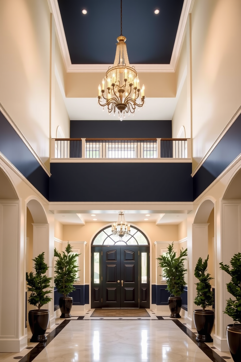 A stunning two-story foyer with two-tone wall paint that creates depth and visual interest. The upper portion of the walls is painted in a soft cream, while the lower section features a rich navy blue, enhancing the elegant architecture. A grand chandelier hangs from the ceiling, illuminating the space with a warm glow. Flanking the foyer are tall potted plants that add a touch of greenery and sophistication to the entrance.