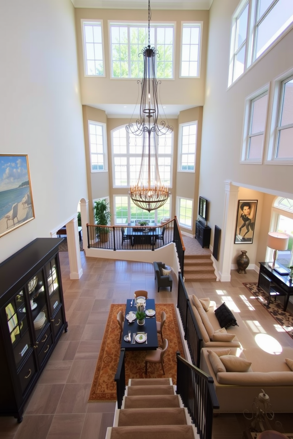 A stylish ladder shelf stands against a light gray wall, showcasing an array of decorative items including books, plants, and art pieces. The wooden shelves have a warm finish that complements the modern aesthetic of the room. The two story foyer boasts a grand chandelier hanging from a high ceiling, illuminating the space with soft light. A sweeping staircase with elegant railings leads to the upper level, while a large window allows natural light to flood the area.