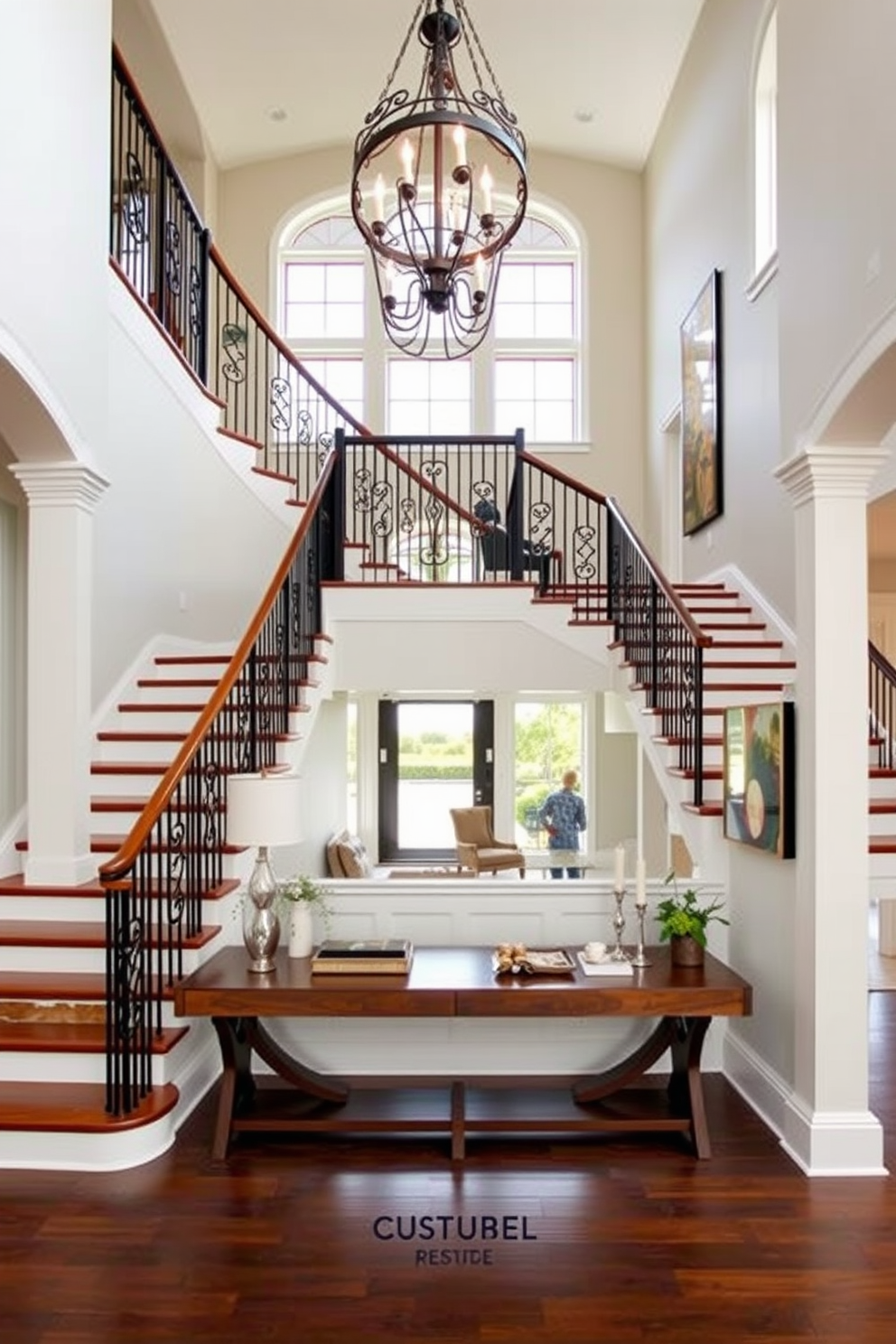 Stylish staircase with decorative railing. The staircase features elegant wooden steps and a wrought iron railing with intricate patterns, leading up to a spacious landing adorned with a stunning chandelier. Two story foyer design ideas. The foyer boasts high ceilings with large windows allowing natural light to flood in, complemented by a grand staircase and a statement console table with decorative accents.