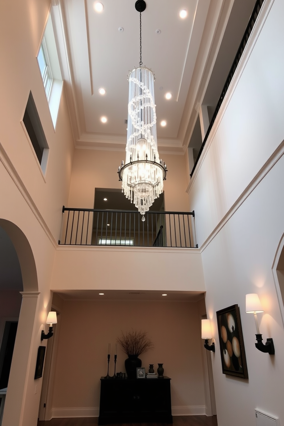 A grand two story foyer with high ceilings showcases decorative wooden beams that add architectural interest. The space is illuminated by a stunning chandelier that hangs elegantly from the center, casting a warm glow throughout the area. At the base of the staircase, a large area rug anchors the space, featuring intricate patterns that complement the overall design. Flanking the entrance are tall potted plants that bring a touch of greenery and life to the foyer.