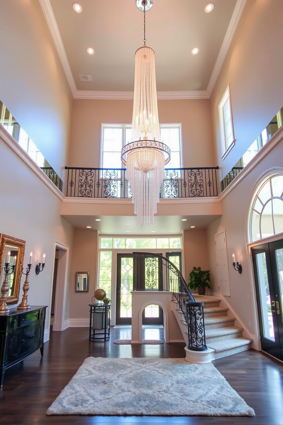 A grand two story foyer features a stunning chandelier that cascades from the ceiling, illuminating the space with a warm glow. Mirrored accents line the walls, reflecting light and creating an airy atmosphere that enhances the overall elegance of the entrance. The staircase, adorned with a wrought iron railing, leads gracefully to the upper level, while a plush area rug anchors the space below. Large windows allow natural light to flood in, highlighting the beautiful details of the foyer and creating a welcoming ambiance.