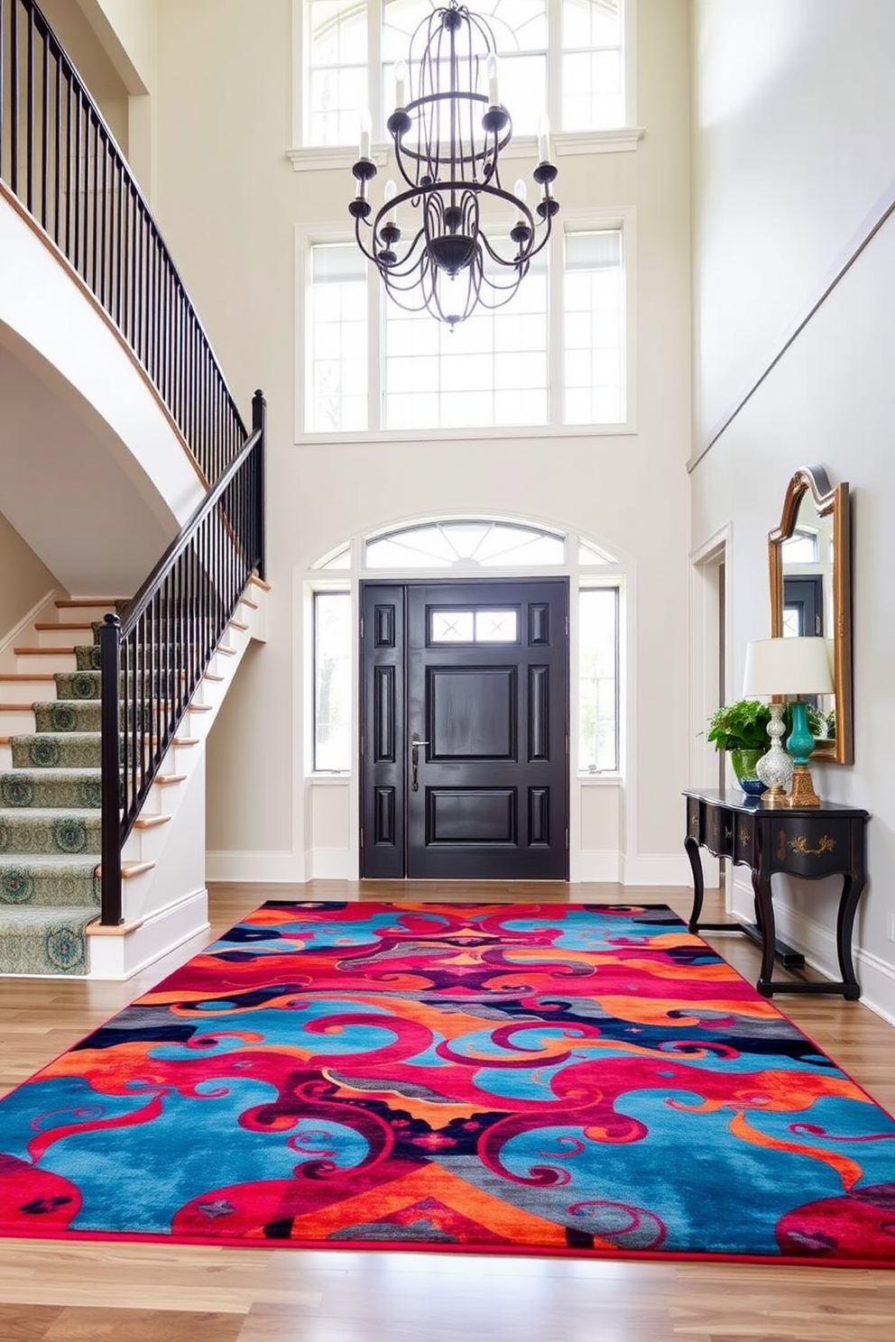 A stunning two story foyer featuring a bold area rug that adds a vibrant pop of color and texture to the space. The grand entrance is illuminated by an elegant chandelier, with a sweeping staircase adorned by a stylish runner that complements the rug.