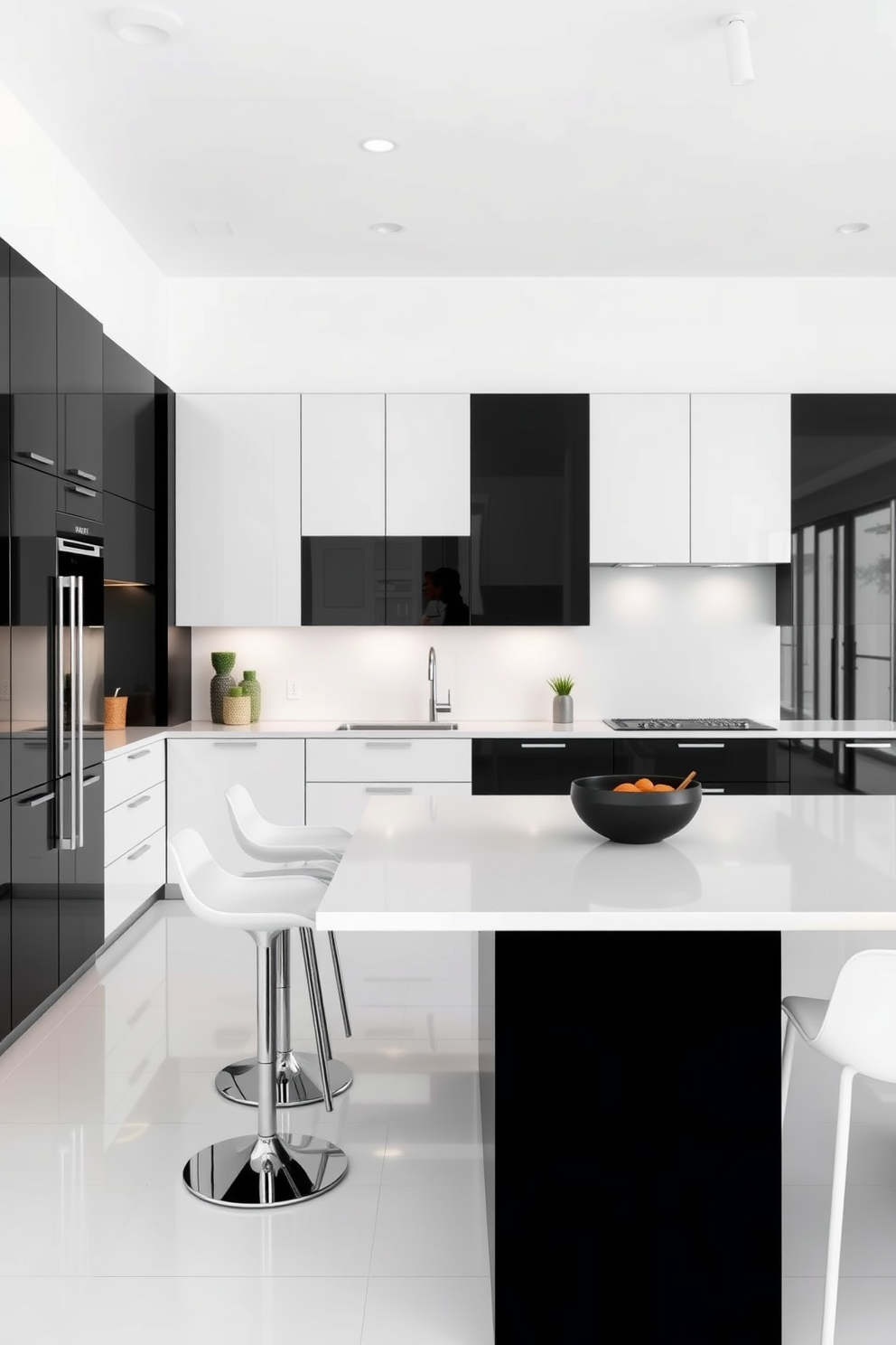 A classic two-tone kitchen design featuring white upper cabinets and navy blue lower cabinets. The space is bright and inviting with a large island in the center topped with a light-colored quartz countertop.