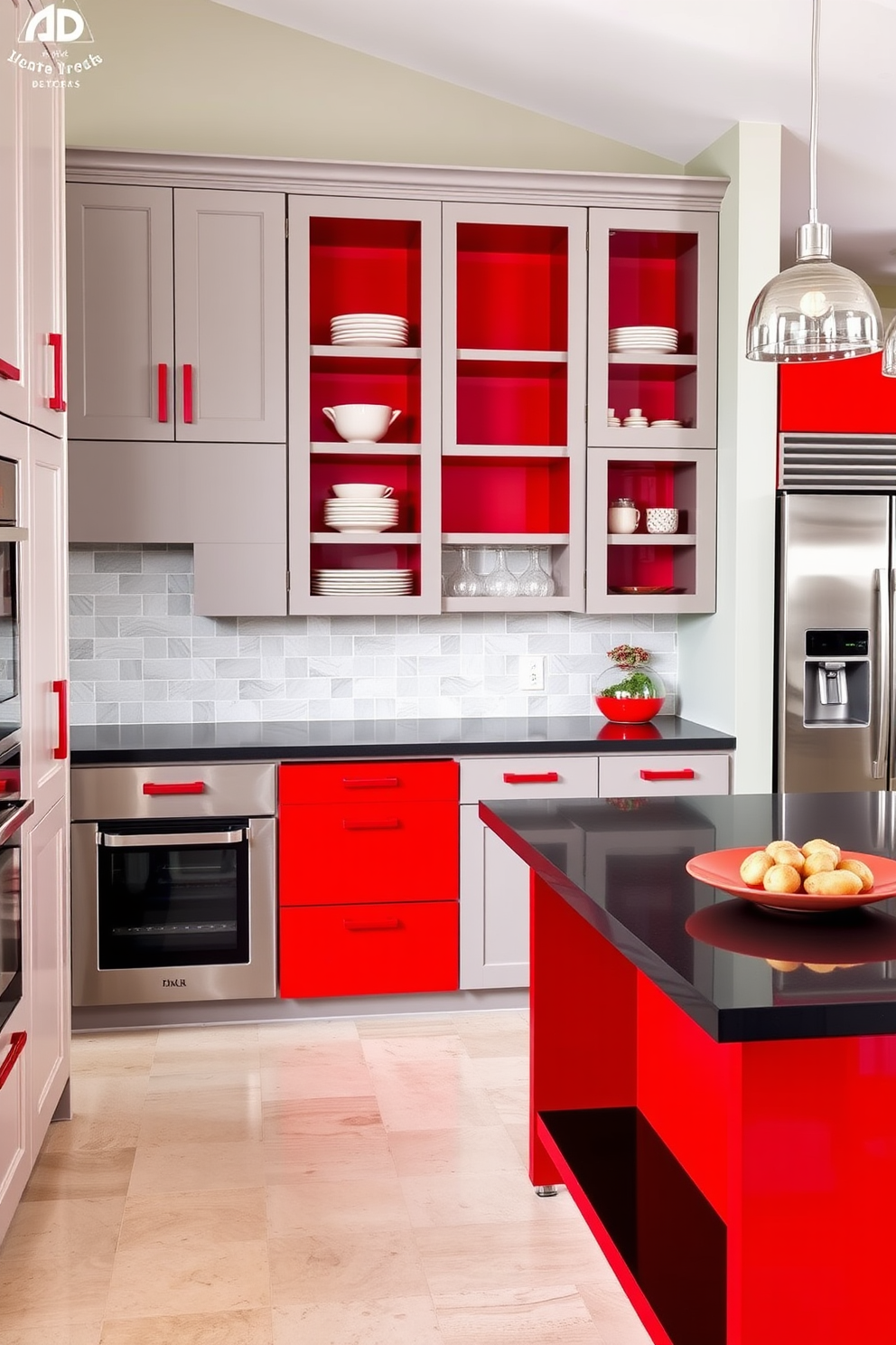 A contemporary kitchen featuring sleek black and white geometric patterns throughout the space. The cabinetry is a striking combination of matte black and glossy white, creating a bold two-tone effect that enhances the modern aesthetic. The backsplash showcases an intricate geometric tile design in black and white, adding visual interest and texture. Stainless steel appliances complement the color scheme, while a large island with a white countertop serves as the focal point for both cooking and entertaining.