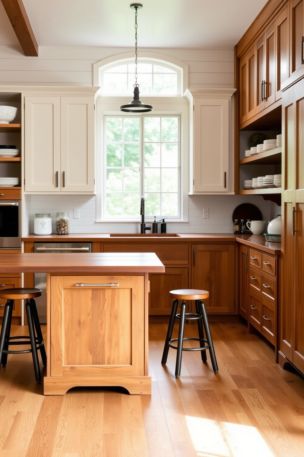 A rustic farmhouse kitchen featuring two-tone wood cabinetry with a warm oak base and creamy white upper cabinets. The space includes a large farmhouse sink, a wooden island with barstools, and open shelving displaying vintage dishware. The walls are adorned with shiplap, and the flooring consists of wide plank hardwood. Natural light floods the room through a large window above the sink, creating a cozy and inviting atmosphere.