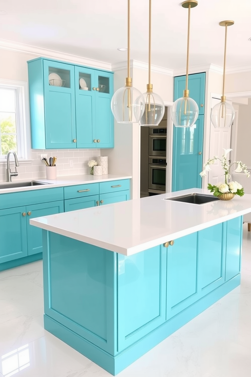 A bright turquoise kitchen with soft white finishes creates a refreshing and inviting atmosphere. The cabinetry features a glossy turquoise finish, while the countertops are a sleek white quartz that complements the vibrant color. The kitchen island showcases a stunning two-tone design, with the base in bright turquoise and the countertop in a crisp white. Accents of brushed gold hardware add a touch of elegance to the overall look.