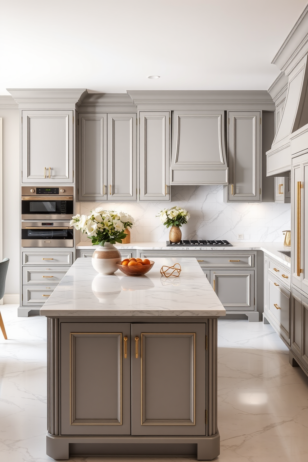 An elegant kitchen featuring a two-tone design with soft gray cabinetry and rich gold accents. The countertops are a polished white marble, complementing the sophisticated color scheme while a stylish island in the center invites gatherings.