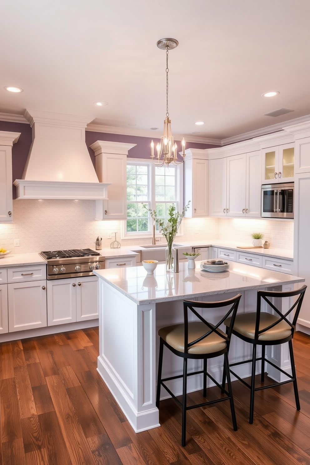 A contemporary kitchen featuring a teal color scheme complemented by light gray accents. The cabinetry is a rich teal with sleek gray hardware, while the countertops are a polished light gray stone. An island with bar seating is positioned in the center, showcasing a contrasting white countertop. The backsplash is adorned with geometric teal and gray tiles, adding a modern touch to the space.