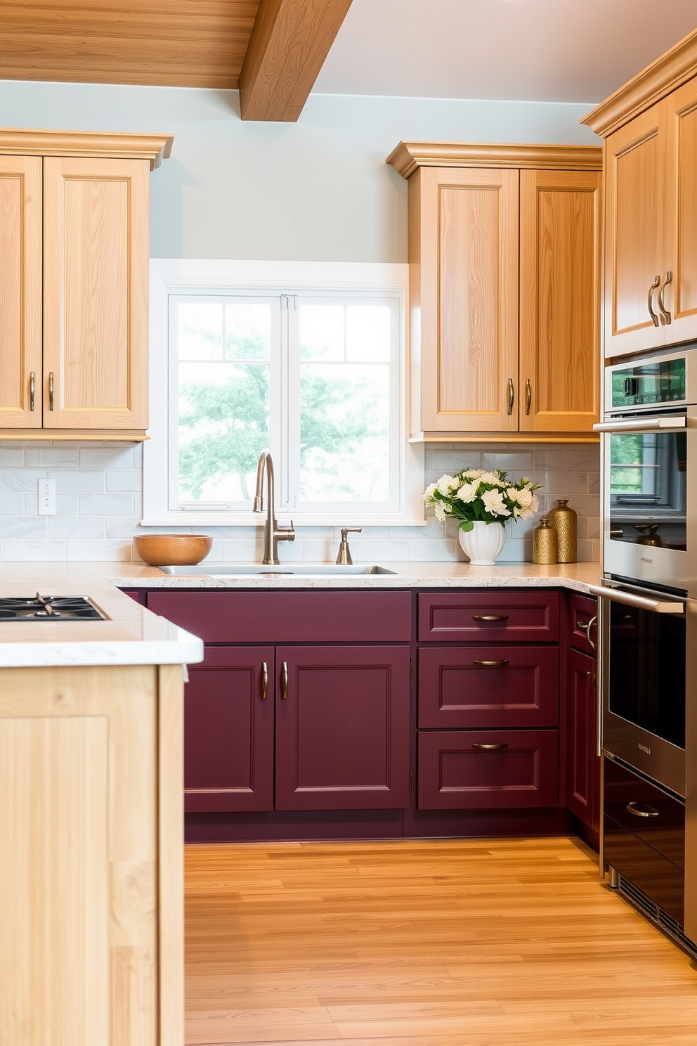 A stunning kitchen featuring deep burgundy lower cabinets that add a rich and warm tone to the space. The light oak upper cabinets create a beautiful contrast, enhancing the overall aesthetic and providing a bright and airy feel.