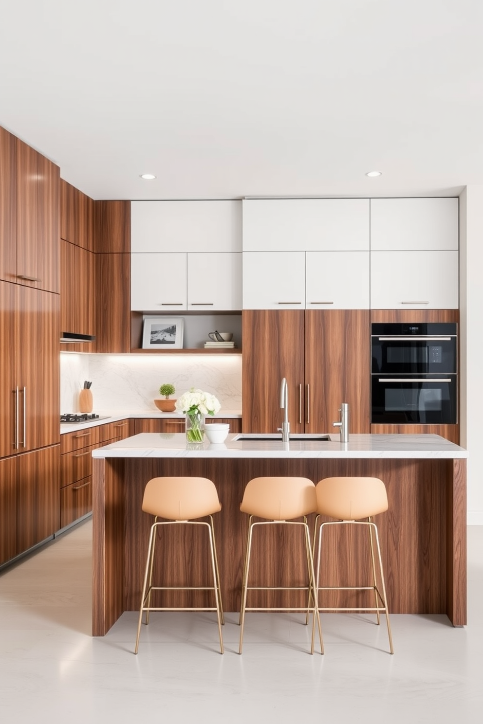 A modern kitchen featuring contrasting walnut and white cabinetry styles. The walnut cabinets are sleek and rich, while the white cabinetry offers a clean and bright contrast, creating a balanced aesthetic. The kitchen island showcases a beautiful mix of both cabinetry styles, providing ample space for meal preparation. Underneath, stylish bar stools in a complementary color invite casual dining and social gatherings.