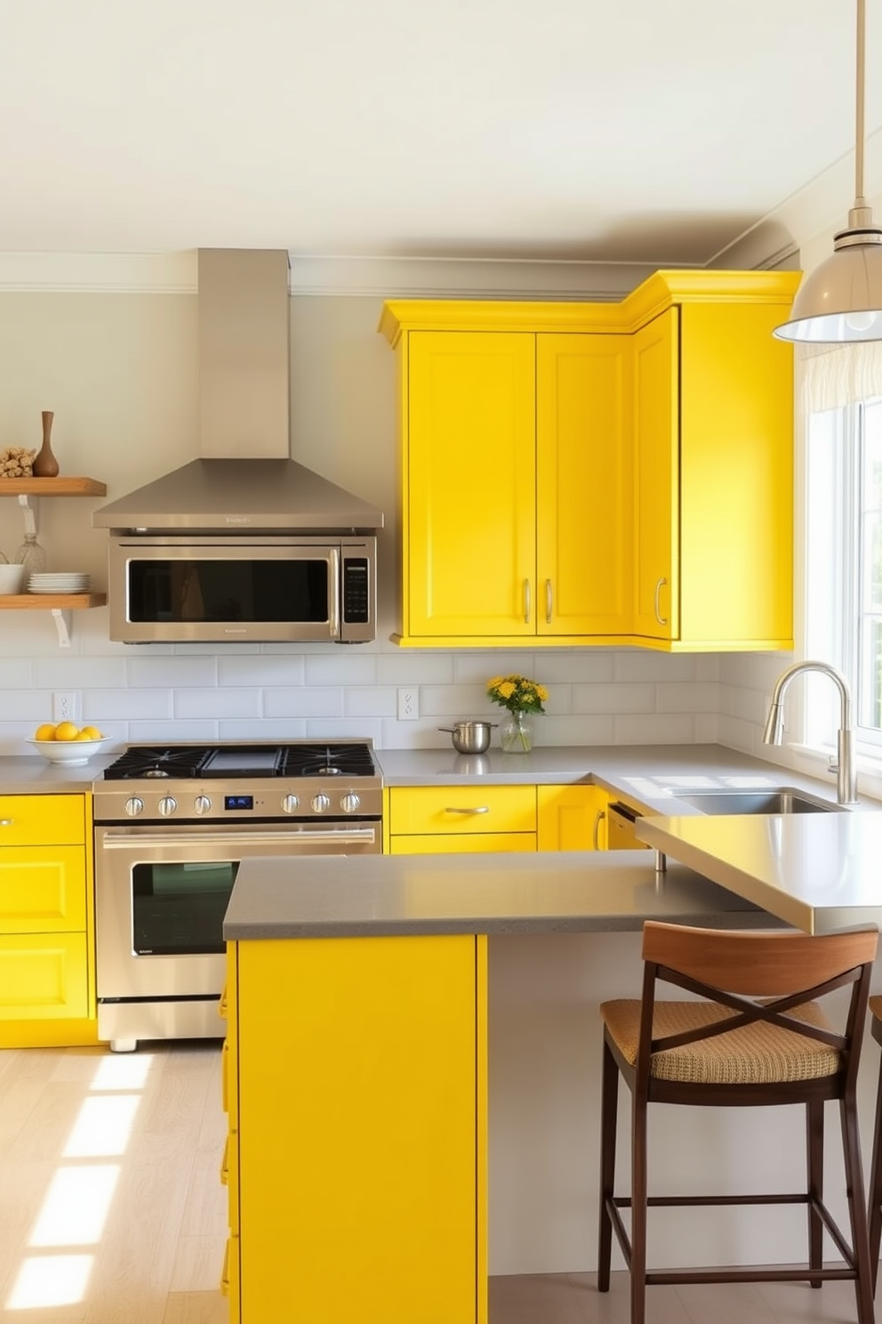 A bright and inviting kitchen featuring sunshine yellow cabinetry complemented by cool gray countertops. The space is enhanced by modern stainless steel appliances and a large island with bar seating, creating a perfect blend of warmth and sophistication.