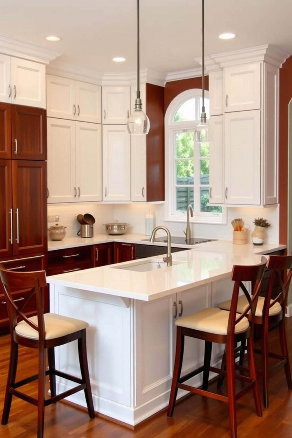 A two tone kitchen design featuring crisp white cabinetry paired with rich mahogany accents. The kitchen island is topped with a sleek white countertop and surrounded by high-backed stools in a complementary mahogany finish.