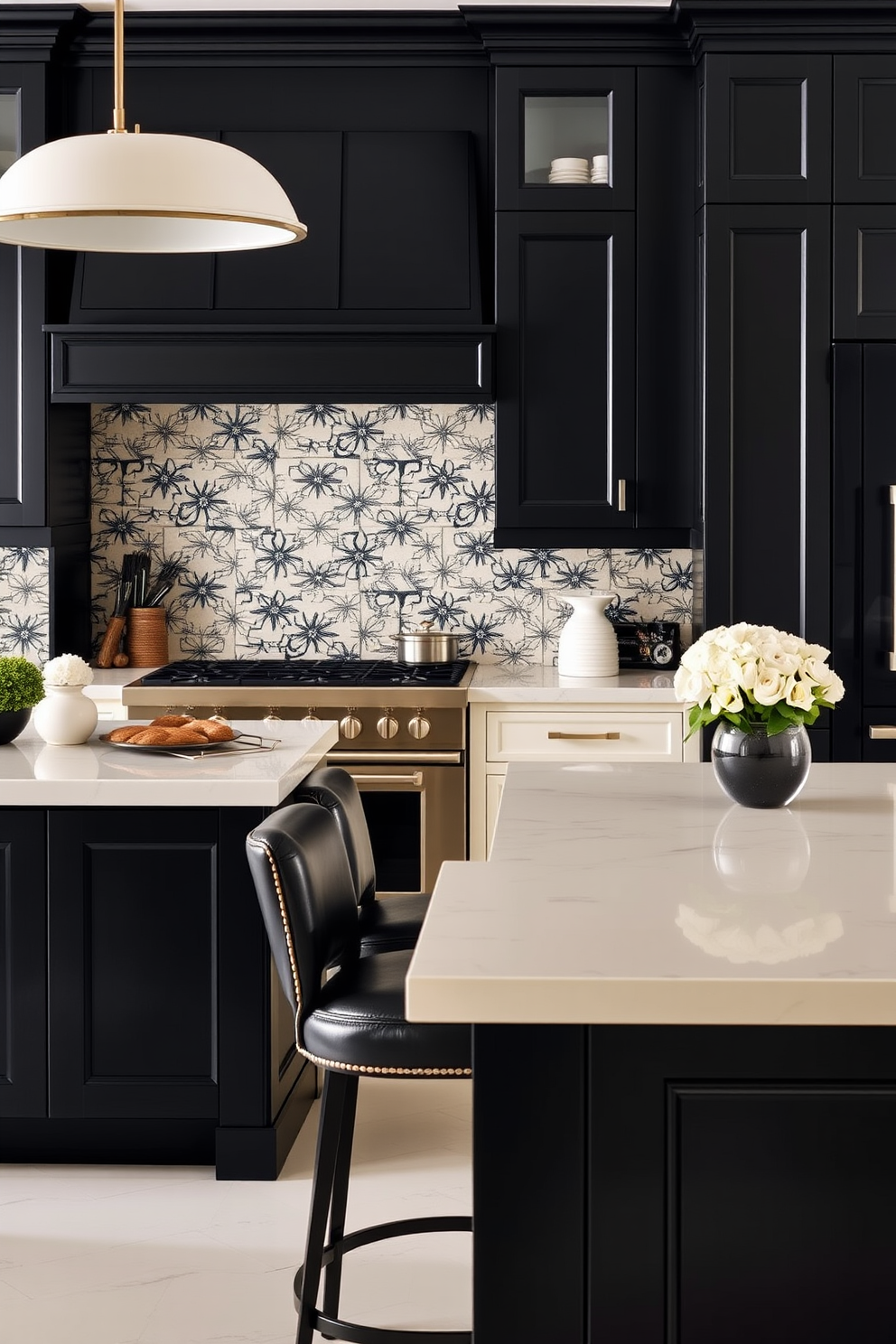 A classic black and cream kitchen features sleek cabinetry in deep black paired with creamy white countertops. The backsplash is adorned with elegant black and white tiles that create a striking visual contrast. The kitchen island stands out with a black base and a creamy countertop, providing ample space for meal preparation. Stylish bar stools in black leather offer a sophisticated seating option, enhancing the overall aesthetic of timeless elegance.