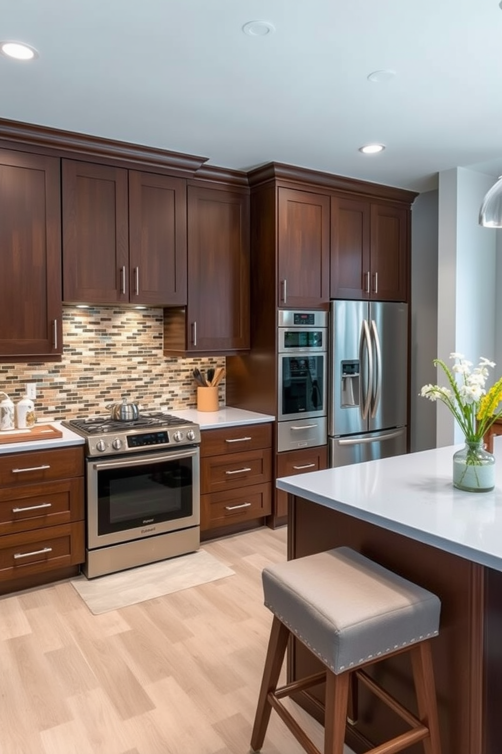 A contemporary kitchen design featuring earthy brown tones complemented by pale blue accents. The cabinetry is a rich chocolate brown, while the countertops are a soft pale blue, creating a harmonious balance. The backsplash showcases a mosaic of earthy browns and blues, adding texture and depth to the space. Stainless steel appliances and warm wooden accents complete the inviting atmosphere of this two-tone kitchen.