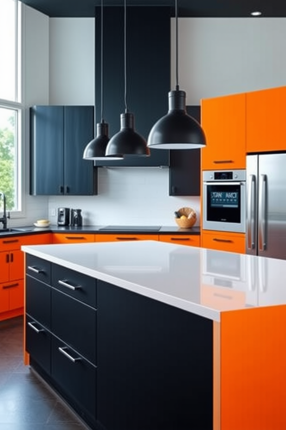 A bright orange kitchen with sleek black cabinetry creates a bold and modern atmosphere. The cabinetry features clean lines and minimalist hardware, enhancing the contemporary aesthetic. The kitchen island is topped with a white quartz countertop, providing contrast and a functional workspace. Pendant lights with black finishes hang above the island, adding a touch of elegance to the vibrant color scheme.