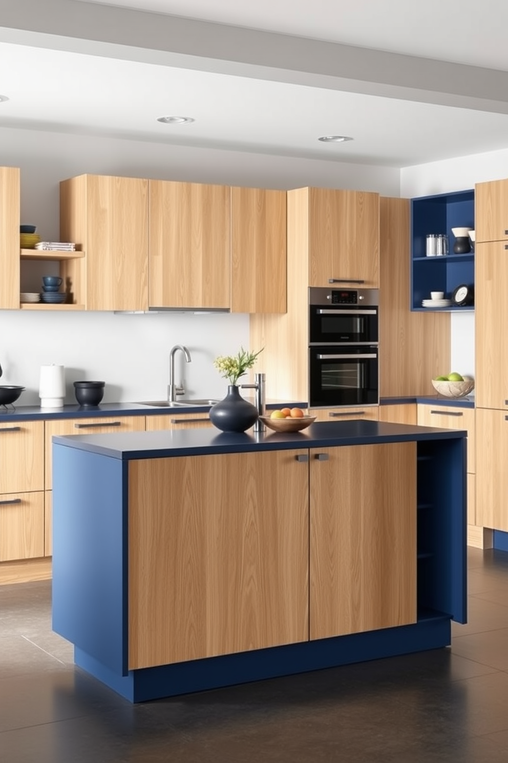 A modern two tone kitchen featuring light oak cabinetry complemented by deep blue accents. The kitchen island showcases a sleek design with a light oak base and a deep blue countertop, creating a striking focal point.