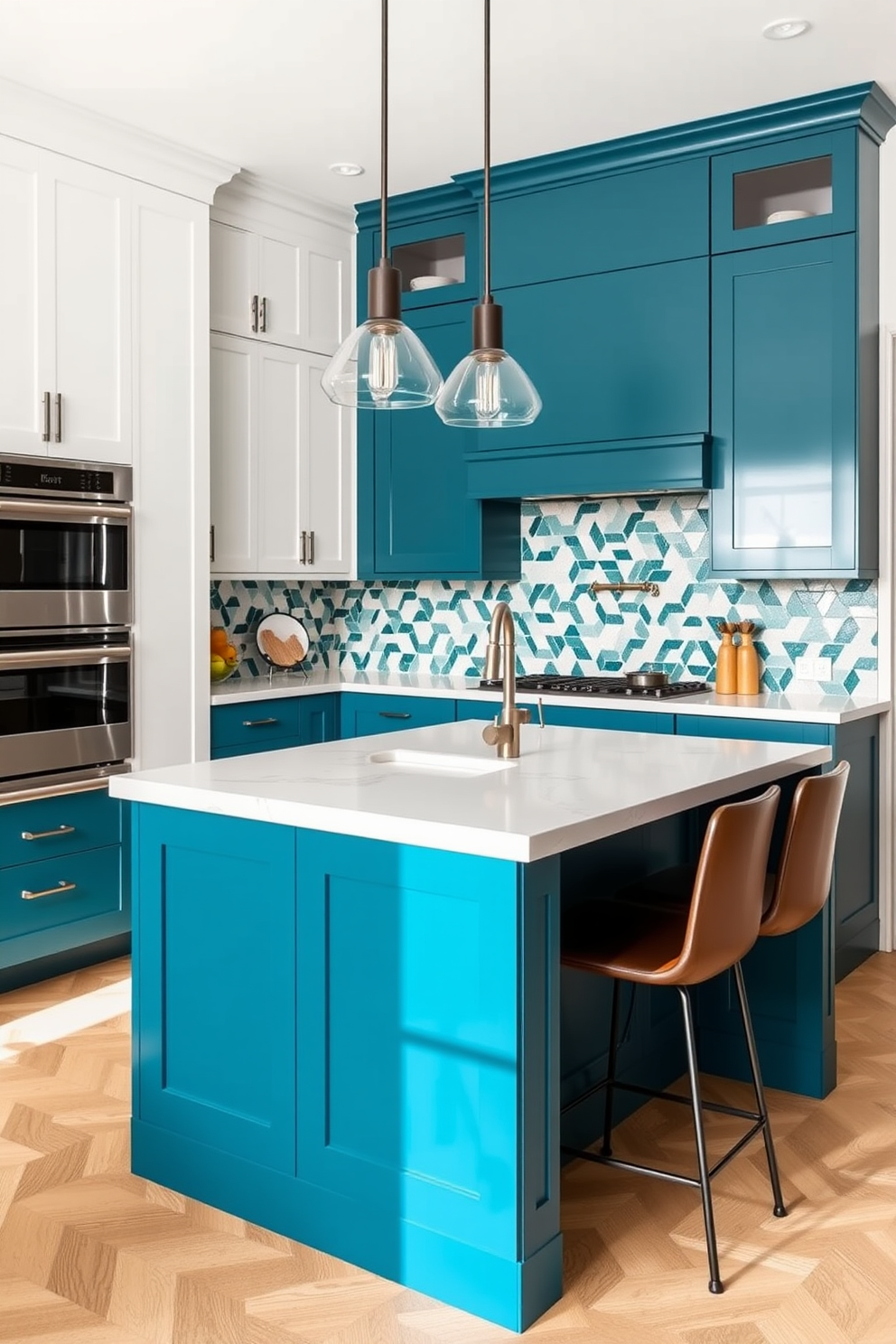 A classic black and white kitchen design features sleek black cabinetry paired with bright white countertops that create a striking contrast. The space is illuminated by pendant lights that hang over a spacious island, enhancing the modern aesthetic while providing ample workspace. The backsplash showcases glossy white tiles arranged in a herringbone pattern, adding texture and visual interest to the overall design. Stainless steel appliances complement the black and white theme, creating a cohesive look that is both functional and stylish.