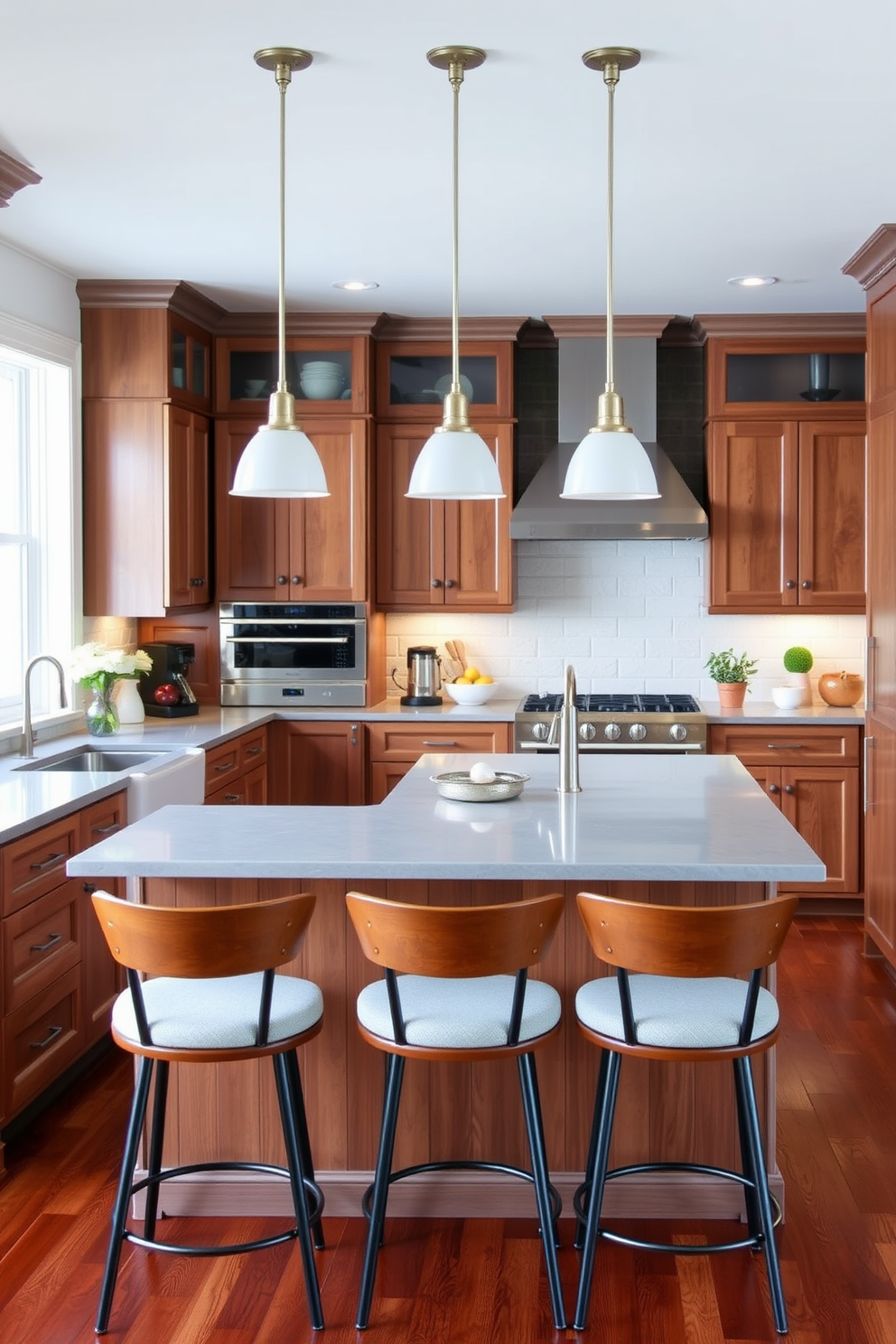 A warm cherry wood kitchen features light gray cabinetry that complements the rich tones of the cherry wood. The countertops are a sleek light gray stone, providing a modern contrast to the traditional warmth of the wood. The kitchen island is topped with the same light gray stone and includes stylish bar stools for seating. Pendant lights hang above the island, adding a touch of elegance and enhancing the inviting atmosphere of the space.