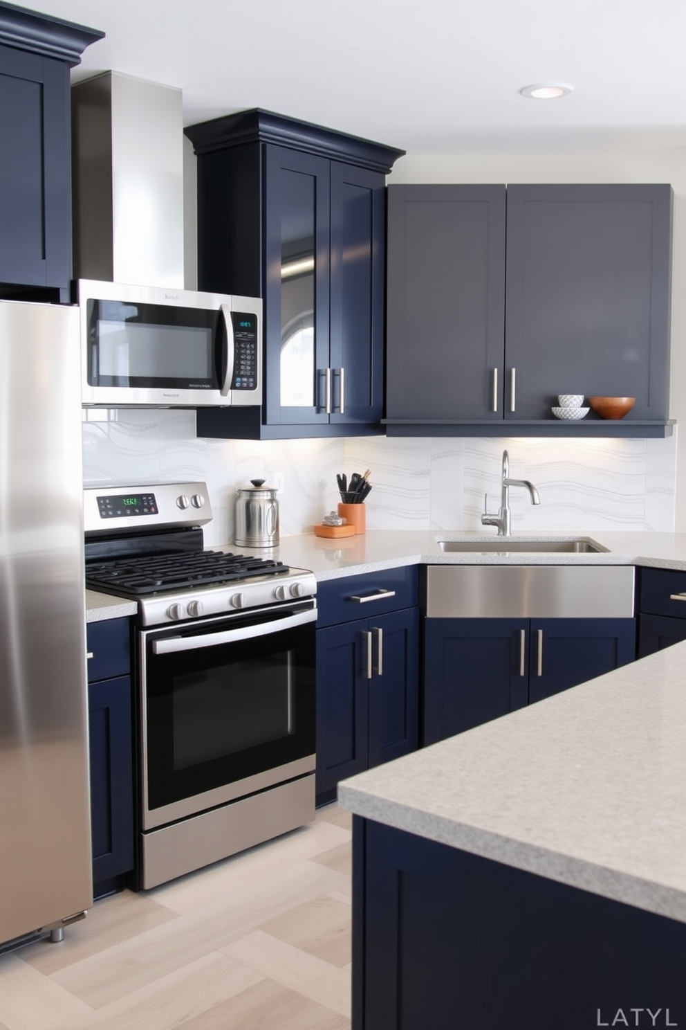 A modern two-tone kitchen featuring muted sage green cabinetry paired with crisp white upper cabinets. The countertops are a sleek white quartz, and a stylish island with bar seating sits in the center, adorned with pendant lighting above.