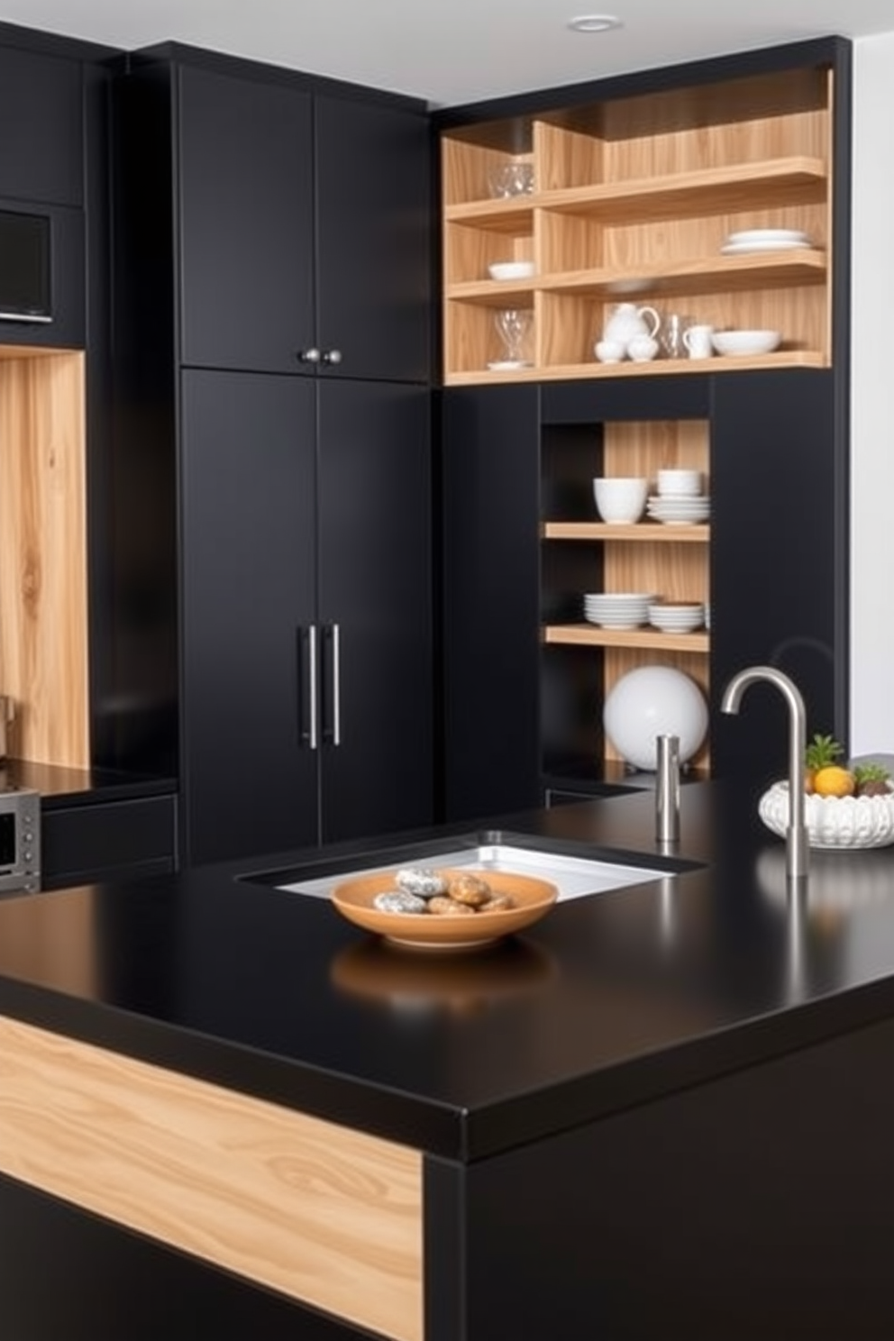 A contemporary kitchen featuring a striking combination of black cabinetry and light wood accents. The island is topped with a sleek black countertop, while light wood shelves display stylish dishware and decorative items.