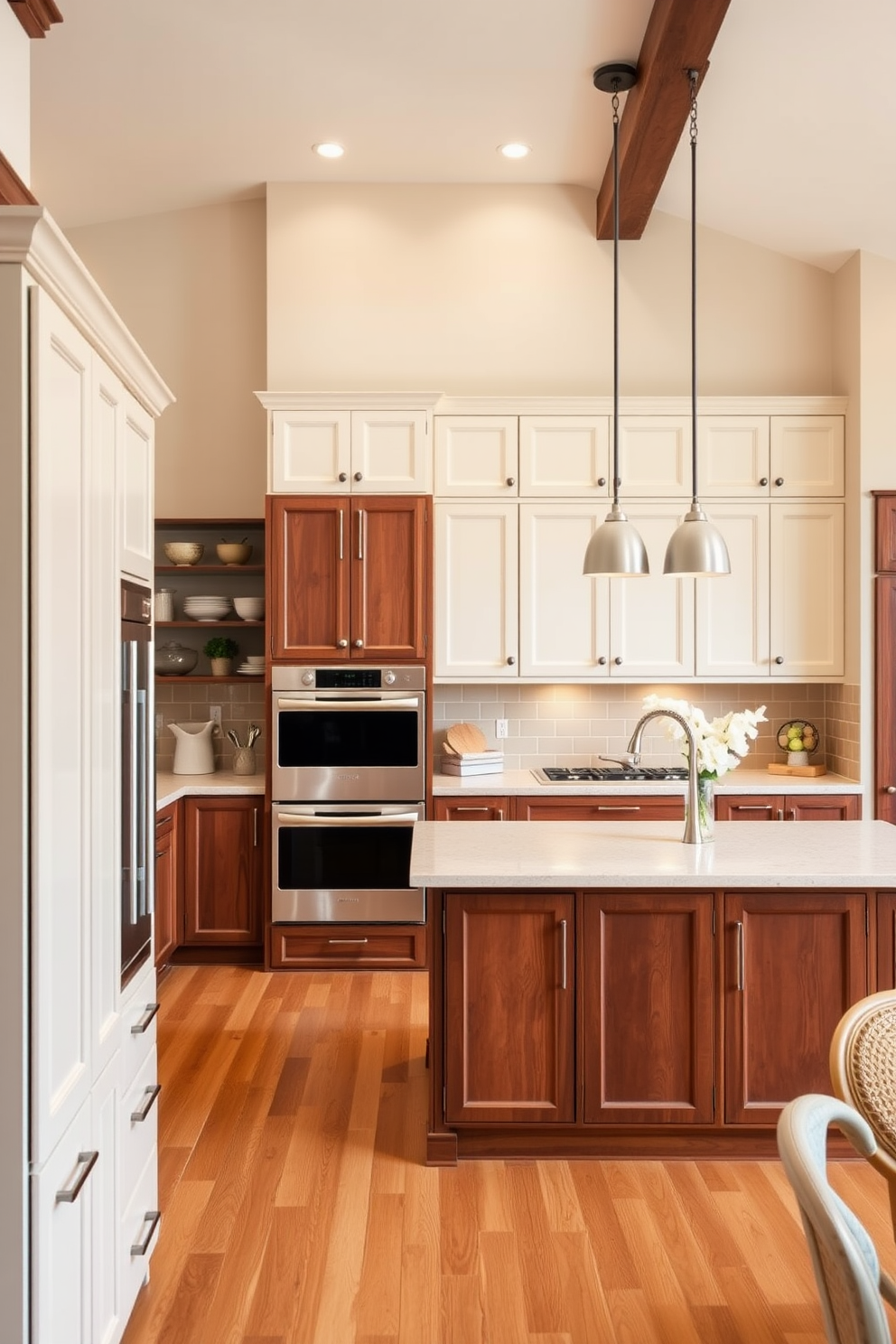 A warm and inviting kitchen featuring a two-tone design with rich wood cabinetry and creamy white upper cabinets. The space is illuminated by pendant lights hanging above a spacious island, which is topped with a light-colored countertop that complements the overall palette.