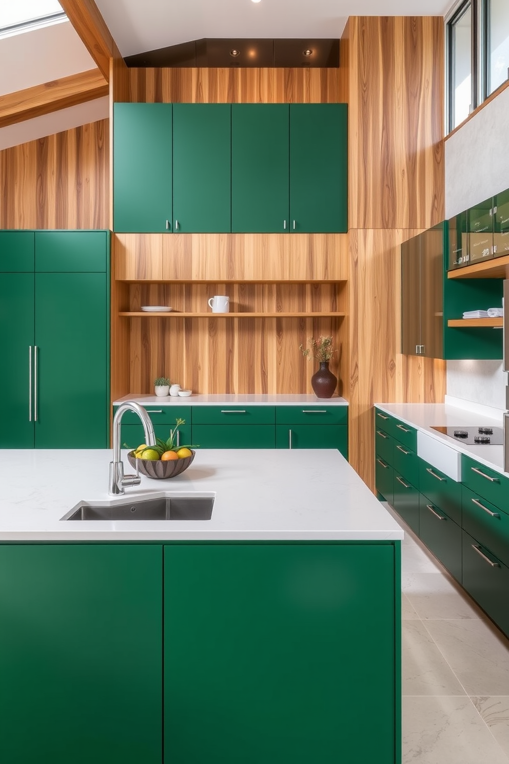 Bright yellow lower cabinets with white tops create a vibrant and cheerful atmosphere in this kitchen. The upper cabinets feature a sleek white finish that complements the bold color below, enhancing the overall aesthetic of the space. A large island with additional seating is positioned in the center, providing both functionality and style. Pendant lights hang above, casting a warm glow over the workspace and inviting social interactions.