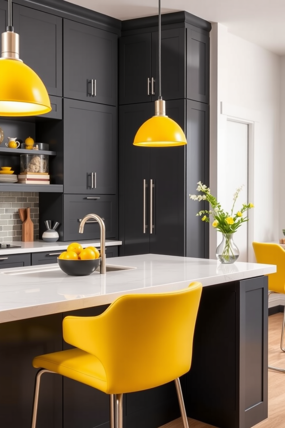 A modern kitchen featuring charcoal gray cabinets paired with light wood accents. The cabinets are sleek and handleless, creating a seamless look, while the light wood adds warmth and contrast to the overall design. The kitchen island showcases a beautiful blend of charcoal gray cabinetry and a light wood countertop. Pendant lights hang above the island, illuminating the space and highlighting the two-tone color scheme.