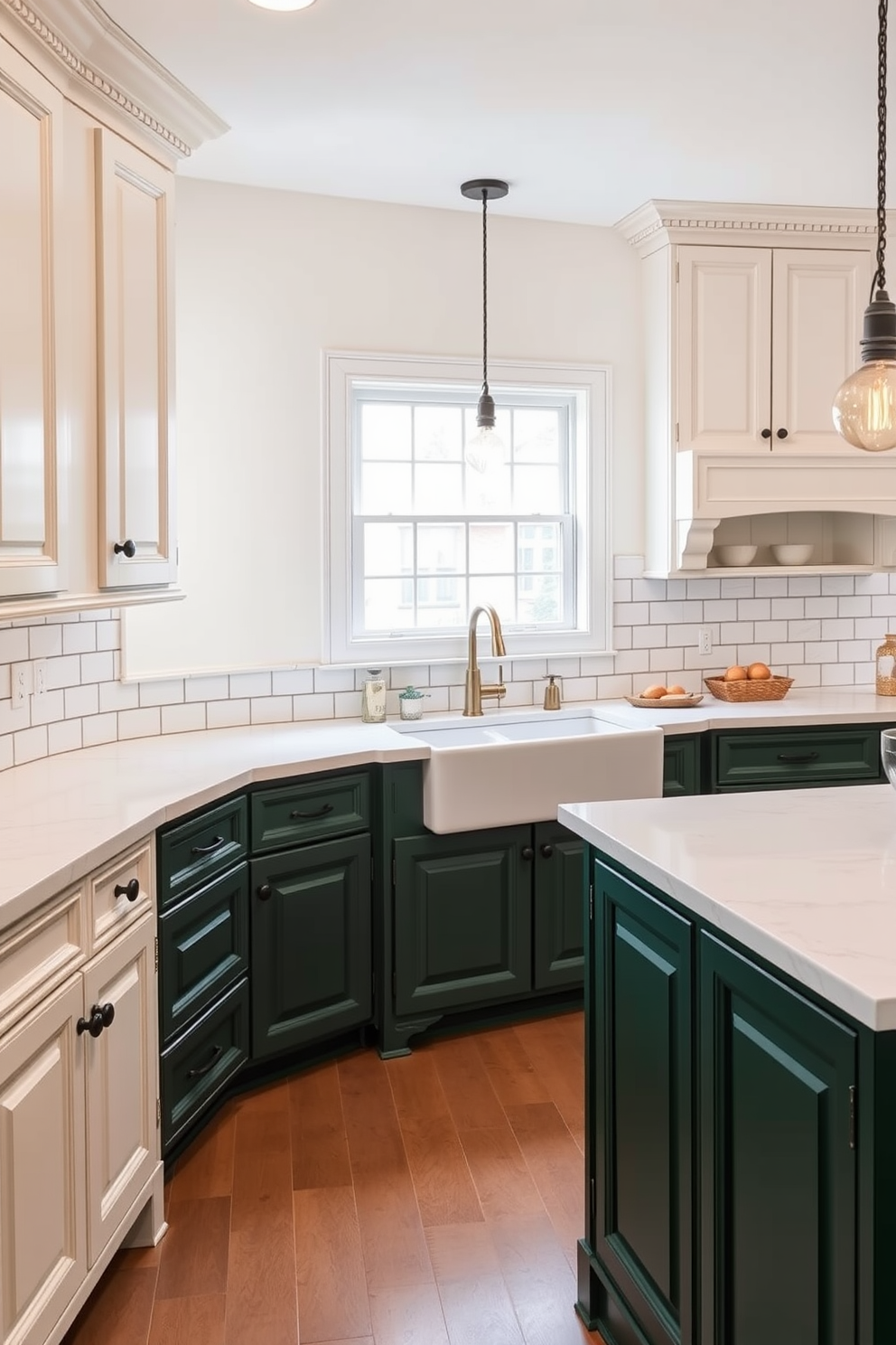 A classic cream and deep forest green two tone kitchen design features cream cabinetry with intricate molding and deep forest green lower cabinets that provide a rich contrast. The countertops are a polished white quartz with subtle veining, and the backsplash consists of white subway tiles framed by dark grout for added depth. A large farmhouse sink sits beneath a window, allowing natural light to illuminate the space. Pendant lights with vintage Edison bulbs hang above an island topped with the same white quartz, creating a warm and inviting atmosphere.