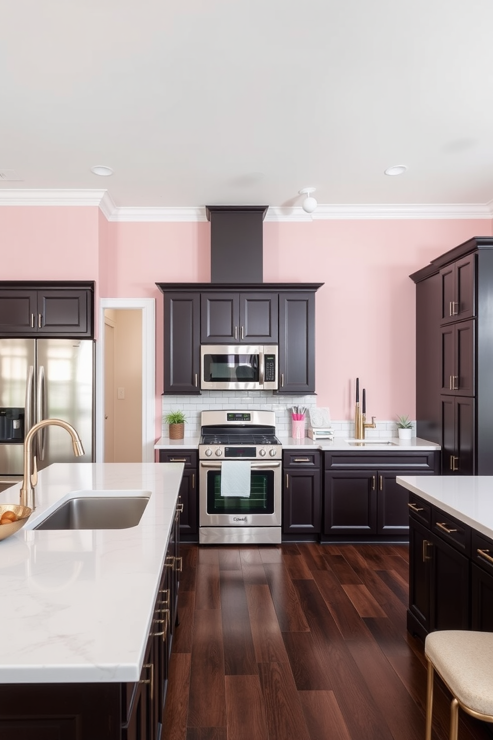 A modern kitchen featuring pastel pink upper cabinets paired with sleek gray lower cabinets. The design is complemented by a marble backsplash and stainless steel appliances, creating a harmonious and inviting atmosphere.