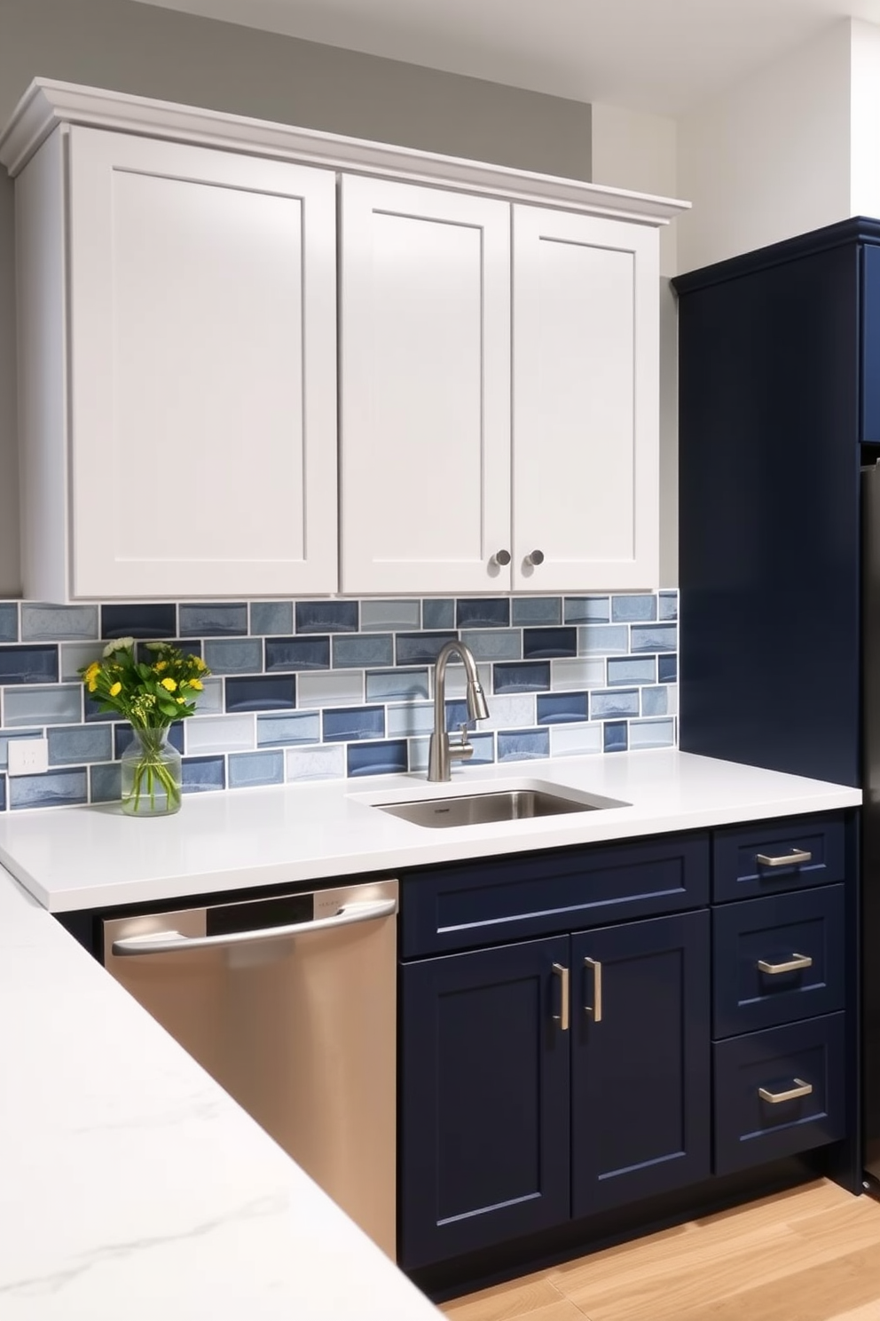 A modern two-tone kitchen featuring deep forest green cabinetry paired with soft beige upper cabinets. The kitchen island is topped with a white quartz countertop, and stylish pendant lights hang above for added elegance.