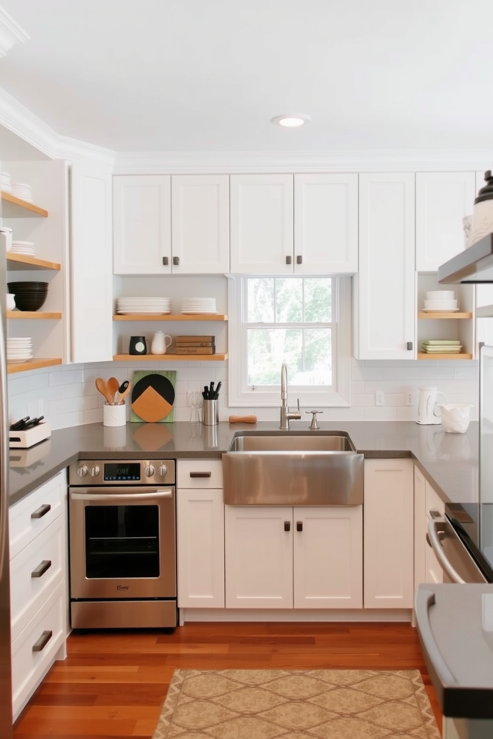 A modern minimalist U-shaped kitchen features sleek white cabinetry with clean lines and a seamless finish. The countertops are made of polished quartz, providing a bright and airy atmosphere that enhances the open layout.