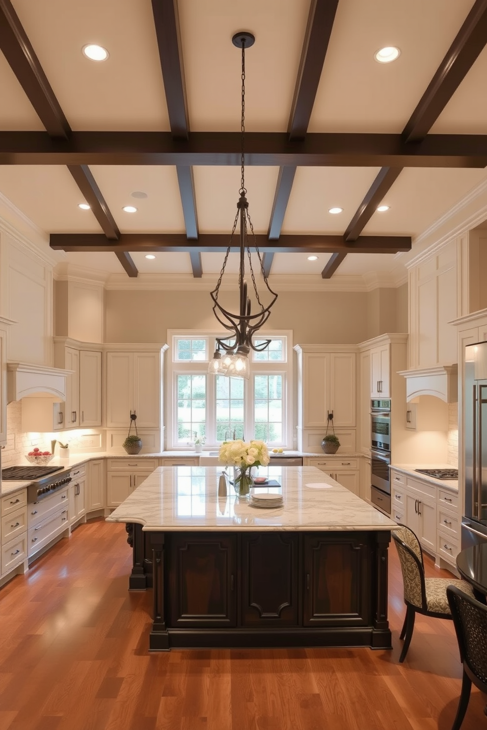 An elegant U-shaped kitchen design features a spacious island at its center. Above the island, graceful pendant lighting casts a warm glow, enhancing the inviting atmosphere of the space.