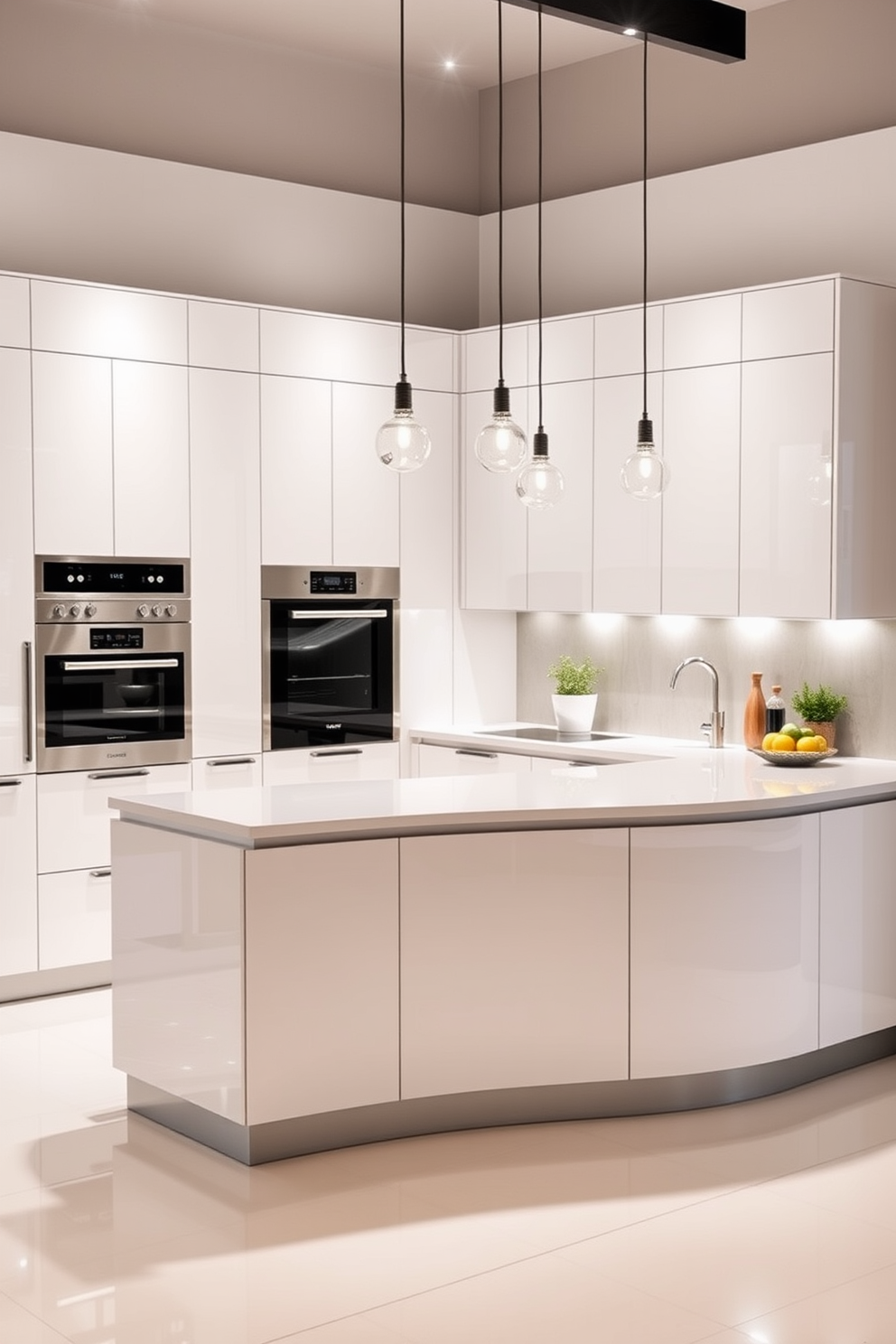 A charming U-shaped kitchen featuring a farmhouse sink that adds a rustic touch. The cabinetry is painted in a soft white, complemented by a wooden countertop and open shelving displaying ceramic dishware.