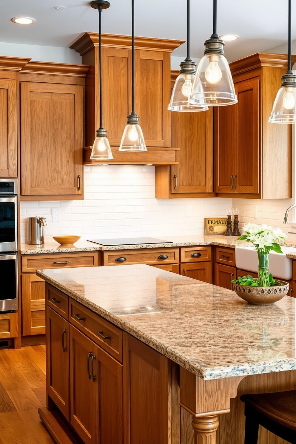 A U-shaped kitchen design featuring natural wood finishes that create a warm and inviting atmosphere. The cabinetry is crafted from rich oak with a matte finish, complemented by a large island with a polished granite countertop. Bright pendant lights hang above the island, providing ample illumination for cooking and entertaining. The backsplash is a simple white subway tile, adding a touch of classic elegance to the overall design.