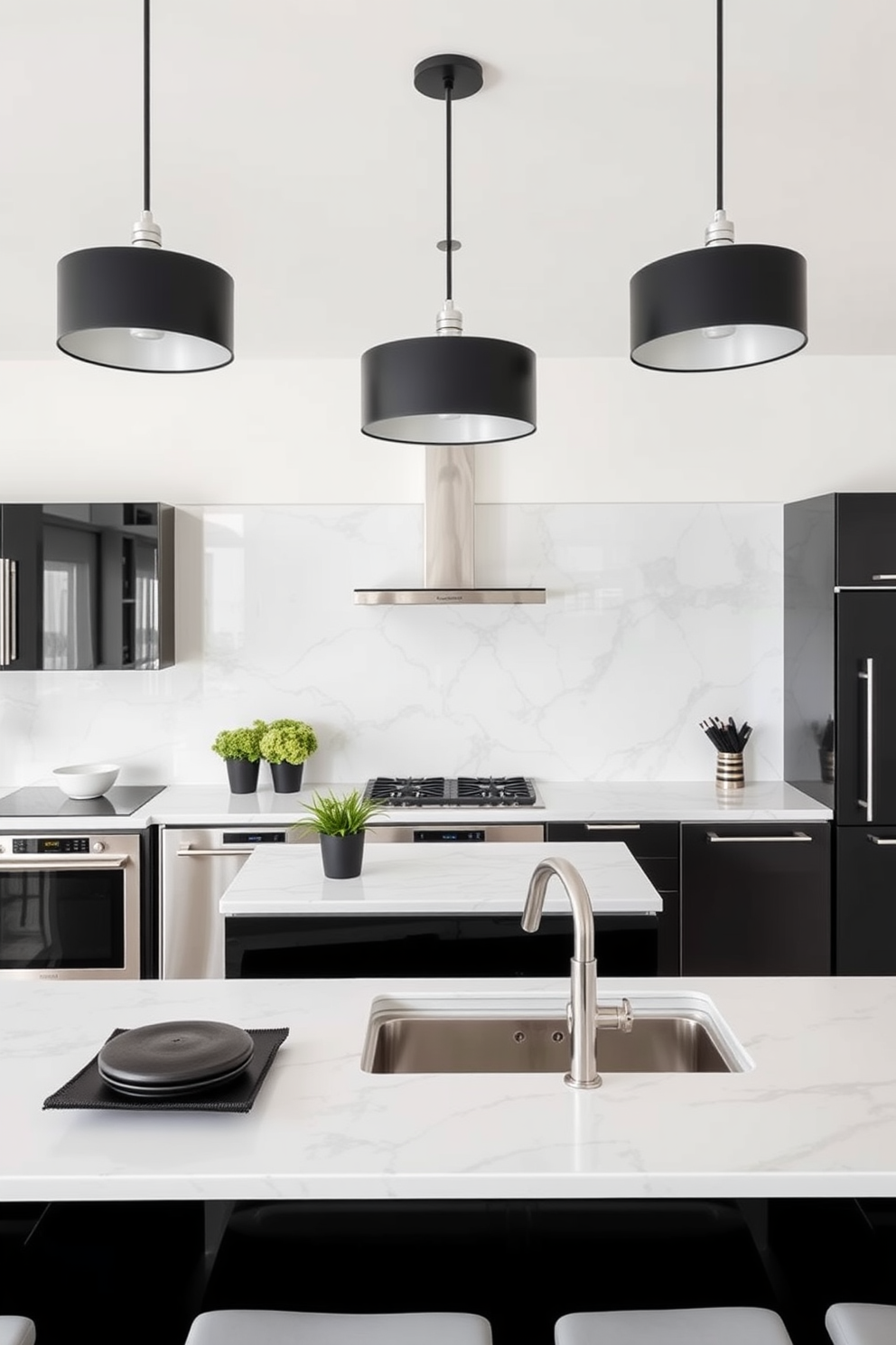 A contemporary U-shaped kitchen featuring a sleek black and white color scheme. The cabinetry is a glossy black with white marble countertops that create a striking contrast. Stainless steel appliances are seamlessly integrated into the design, enhancing the modern aesthetic. Pendant lights with black shades illuminate the space, adding a touch of elegance above the central island.