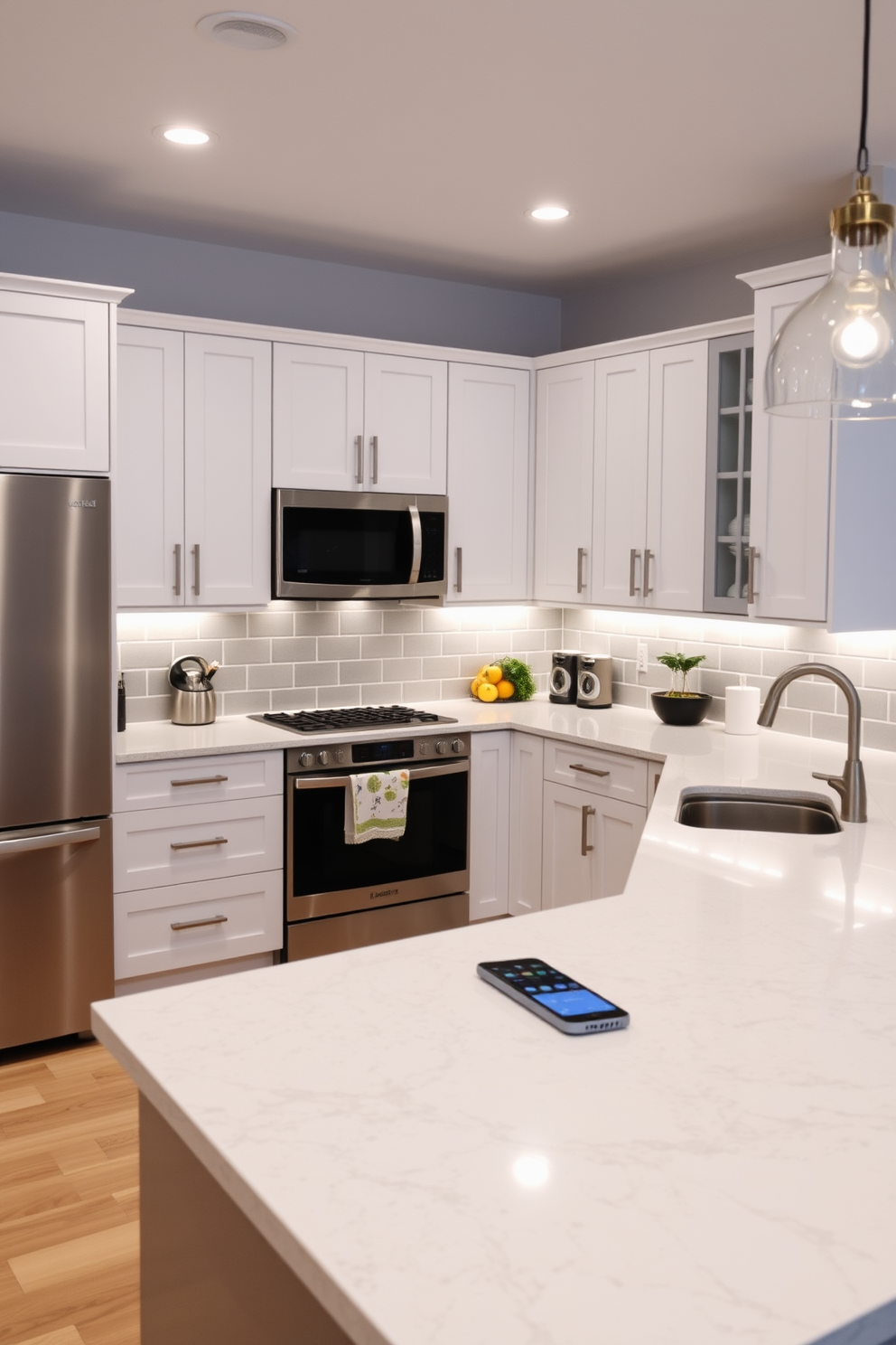 A modern kitchen featuring smart technology integrated seamlessly into the design. The U-shaped layout includes sleek cabinetry, high-end appliances, and a spacious island with smart features for cooking and meal prep. The countertops are made of durable quartz, and the backsplash is a stylish subway tile in a soft gray hue. Ambient lighting is strategically placed to enhance the functionality and aesthetic of the space.